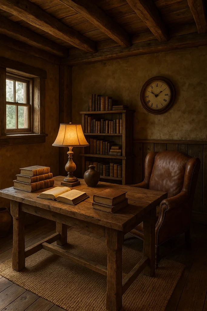 Rustic farmhouse office with reclaimed wood desk, antique books, and a vintage lamp in a cozy, warmly lit interior.