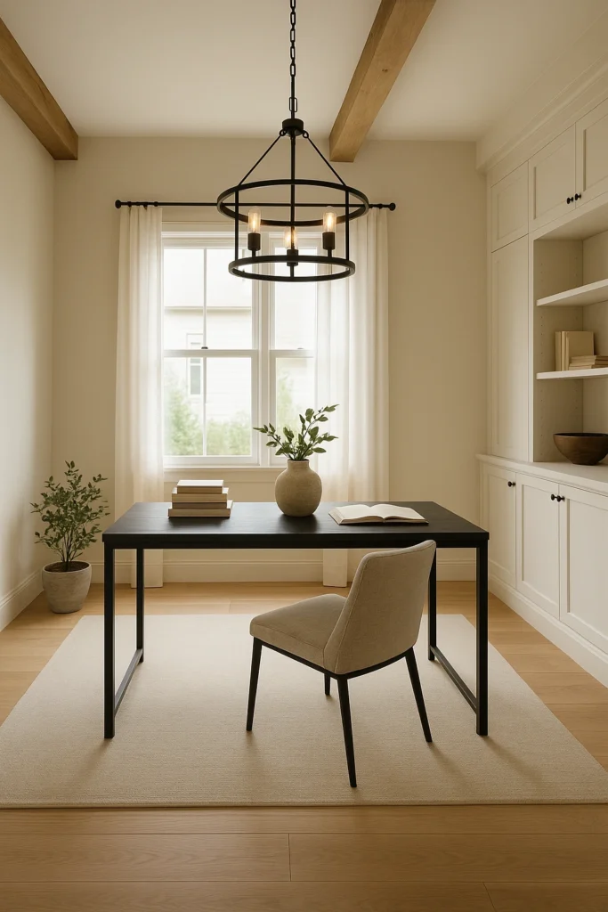 Modern farmhouse office with black desk and minimalist lighting.