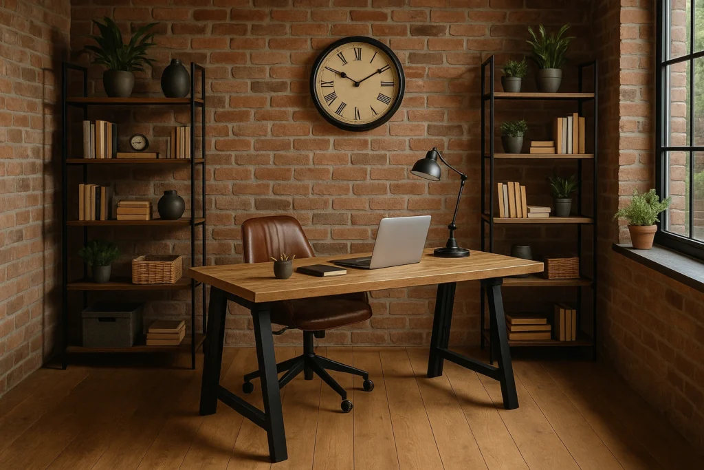 Industrial farmhouse office with brick walls and metal shelving.