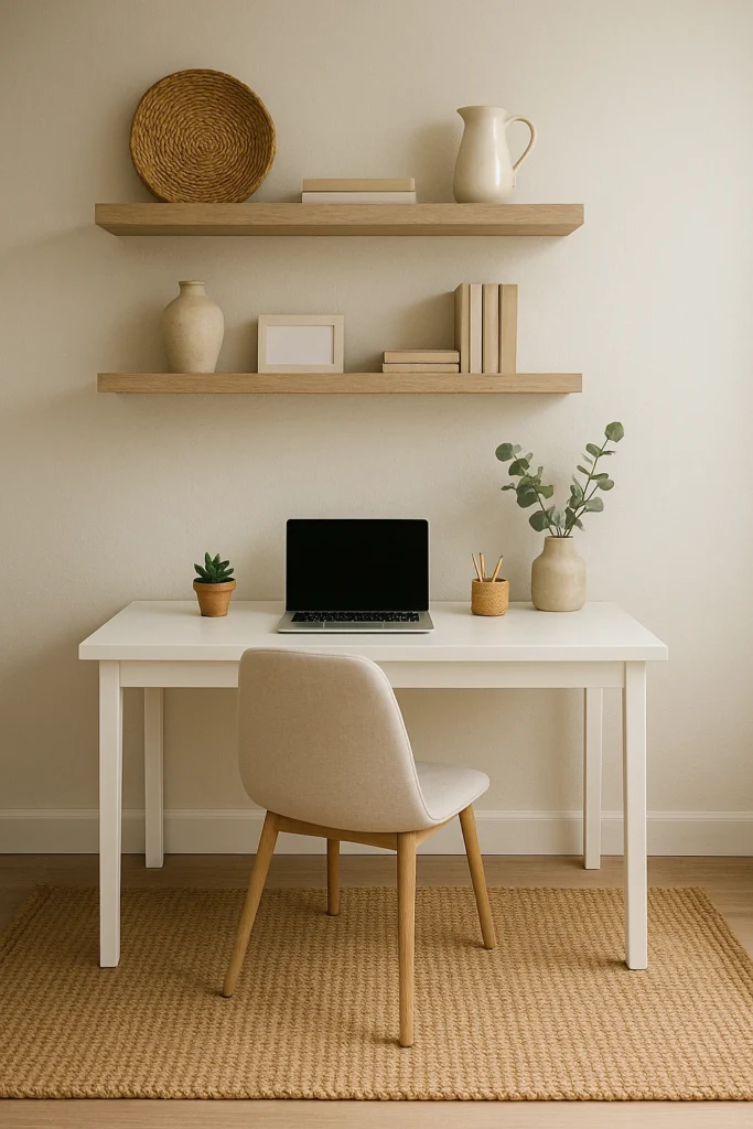 Minimalist farmhouse office with white desk and natural textures.