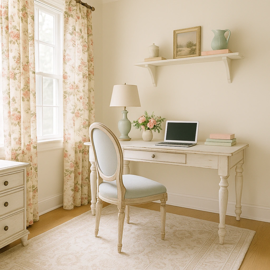 French country farmhouse office with floral accents and vintage furniture