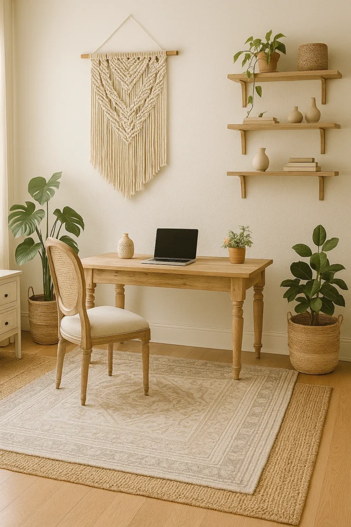 Boho farmhouse office with macramé decor and plants.