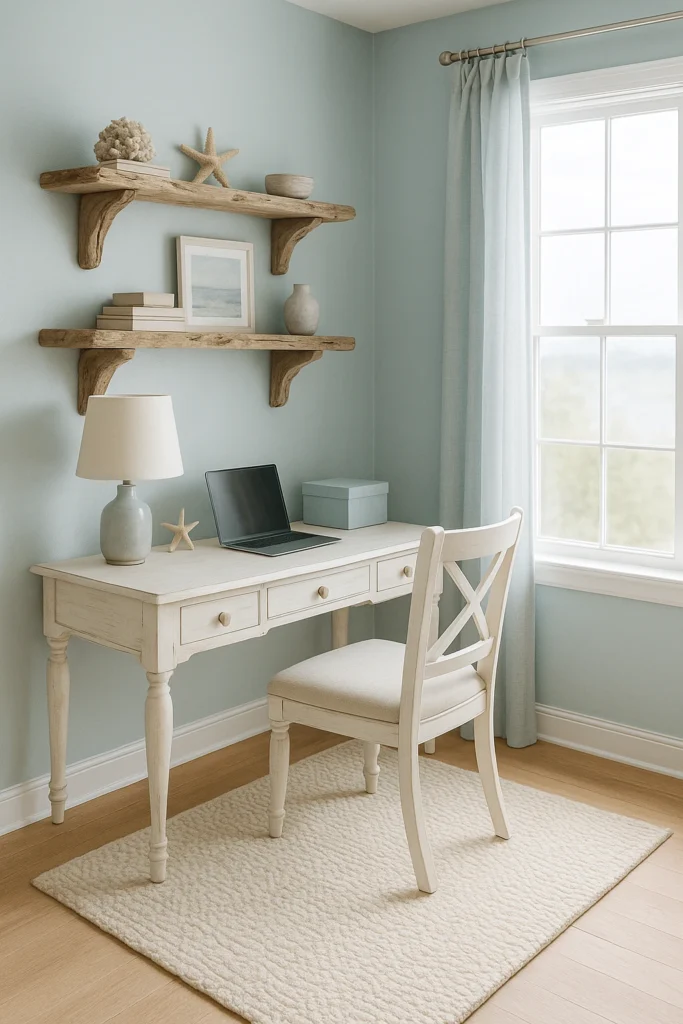Coastal farmhouse office with driftwood decor and ocean-inspired colors.