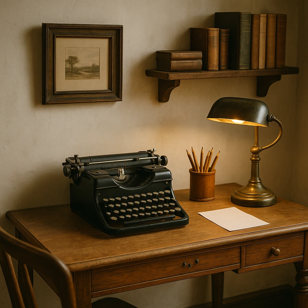 Vintage farmhouse office with antique desk and retro accessories.