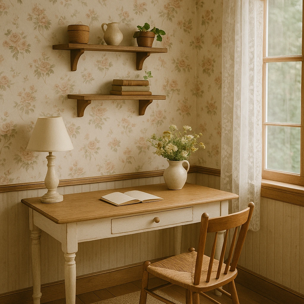 Cottagecore farmhouse office with floral prints and rustic charm.