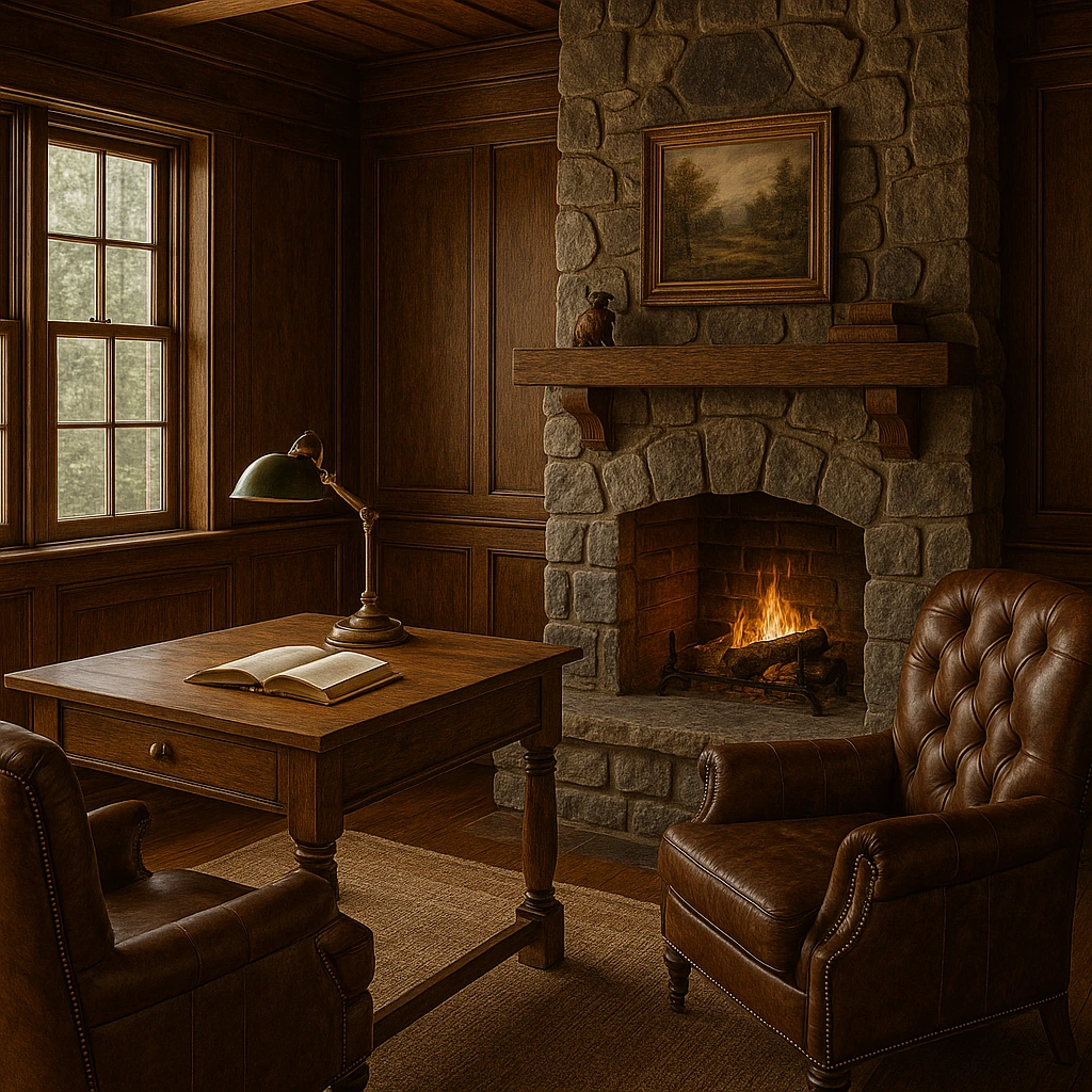 Rustic lodge farmhouse office with fireplace and rich wood details.