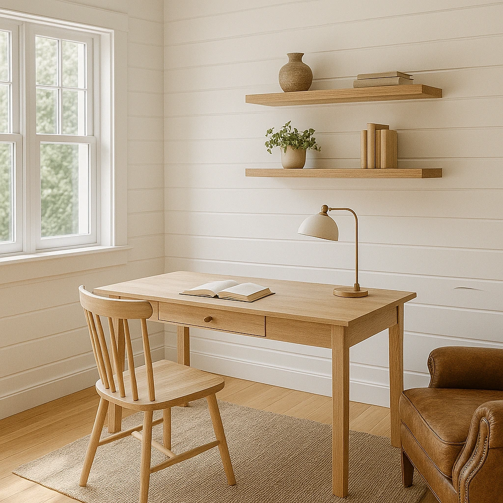 Scandinavian farmhouse office with minimalist design and light wood.