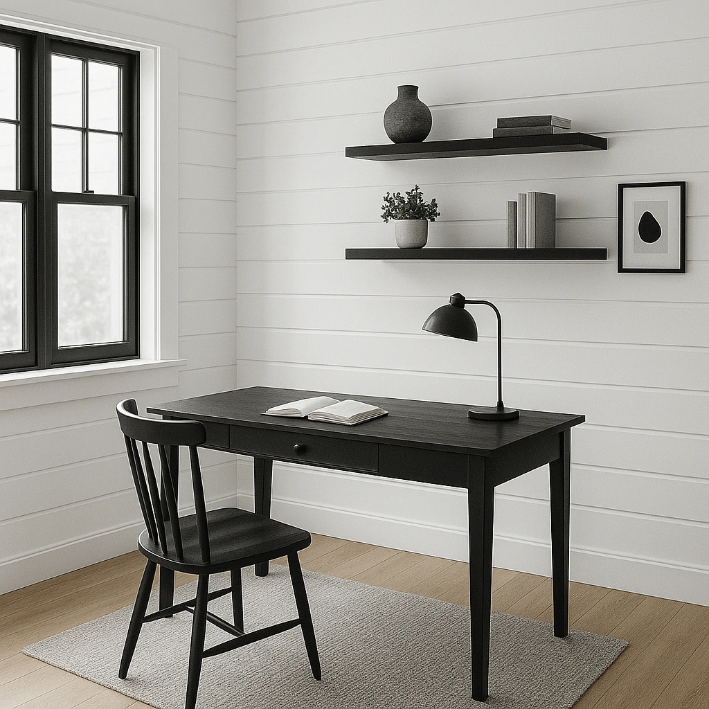 Black and white farmhouse office with contrast decor.