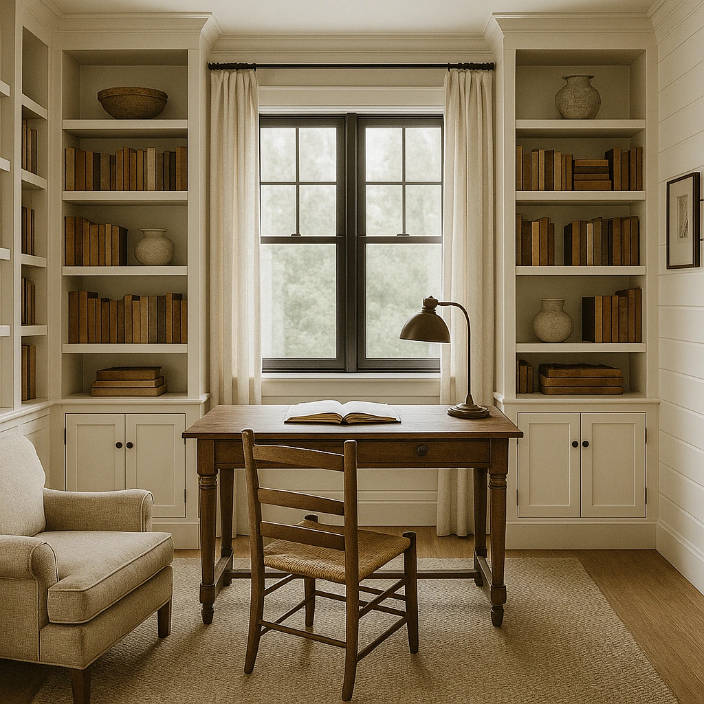 Farmhouse library office with bookshelves and classic wood furniture.