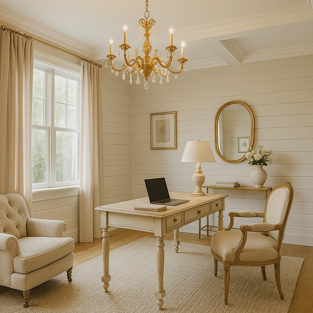 Elegant farmhouse office with gold details and chandelier lighting.