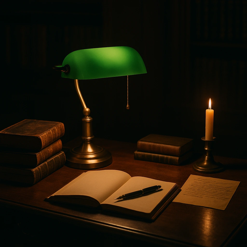 A dark academia-inspired Pinterest pin featuring a vintage desk with a green banker lamp, candlelight, stacked antique books, and an open notebook with a fountain pen in a moody, scholarly setting.