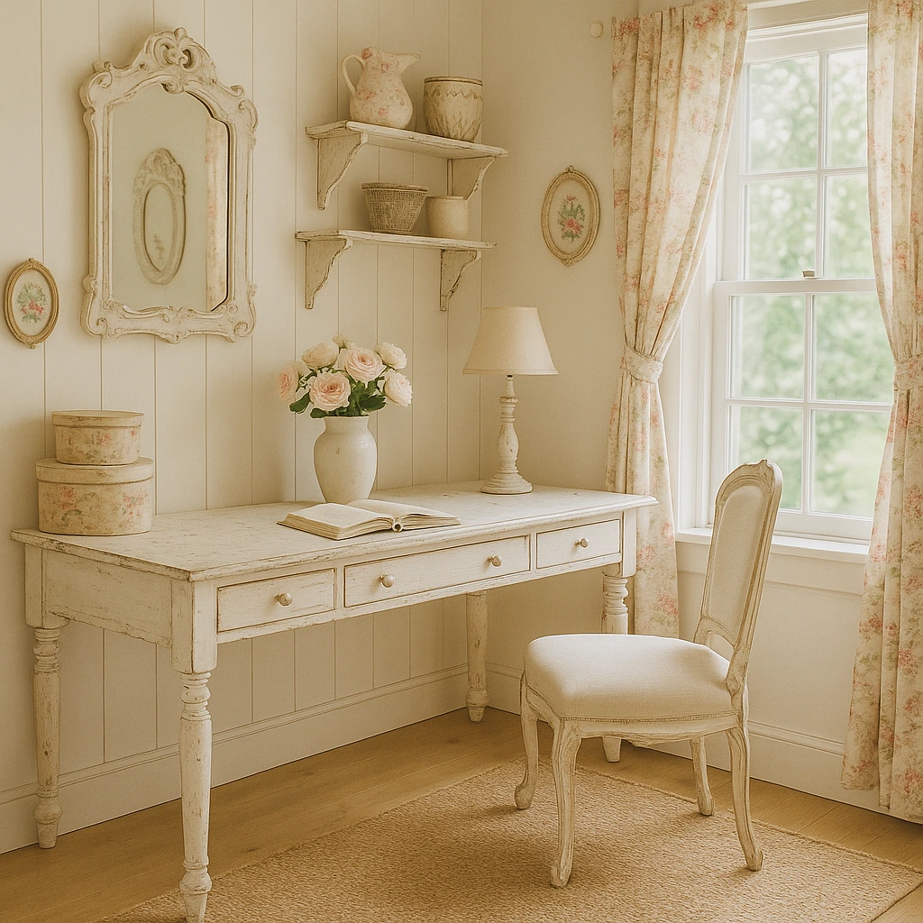 Shabby chic farmhouse office with rustic white furniture and floral decor.