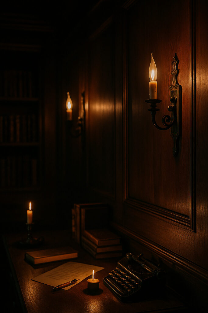 Two brass candle-style wall sconces on dark wood paneling, casting a warm glow over a narrow study with stacked antique books, a vintage typewriter, and handwritten notes.