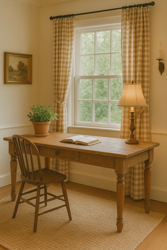 Southern farmhouse office with gingham fabric and wood accents.