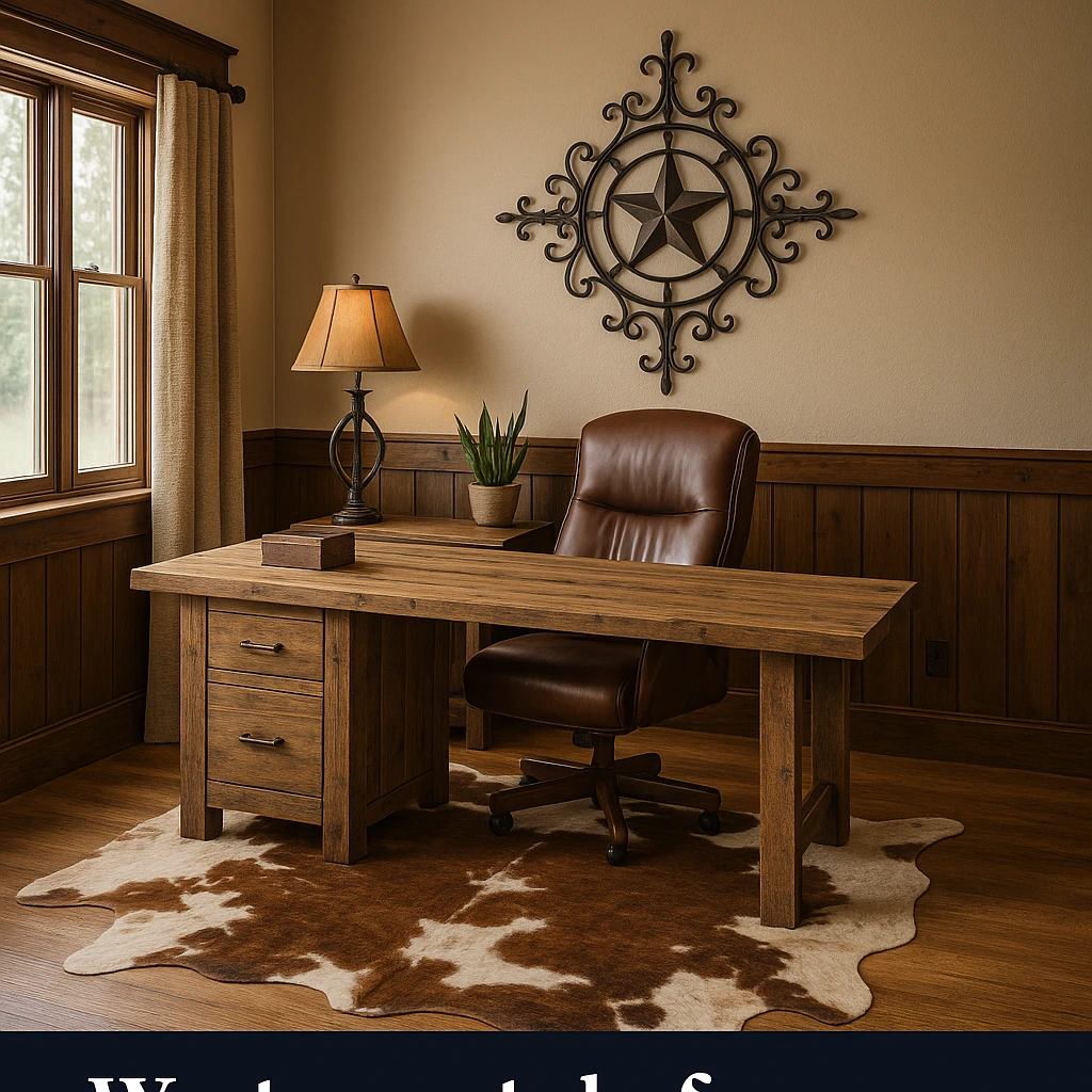 Western-inspired farmhouse office with rustic decor and cowhide rug.