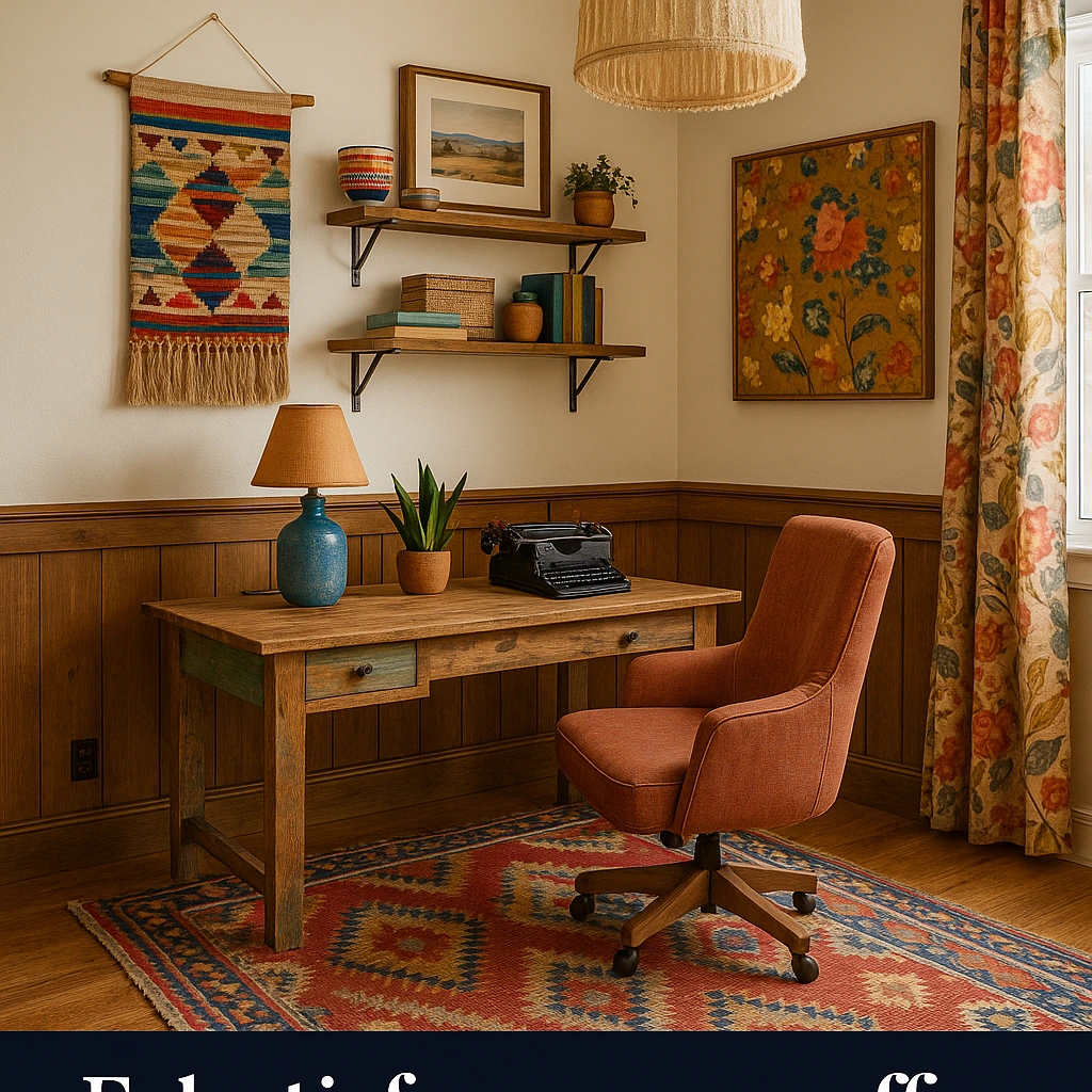 Eclectic farmhouse office with vibrant decor and vintage elements.