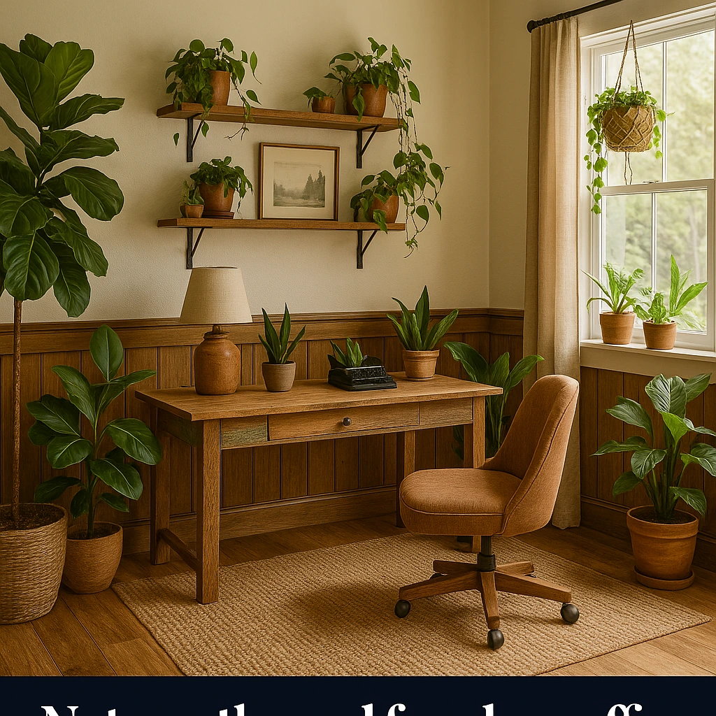 Prompt: Nature-themed farmhouse office with lots of plants, earthy tones, and wooden furniture.