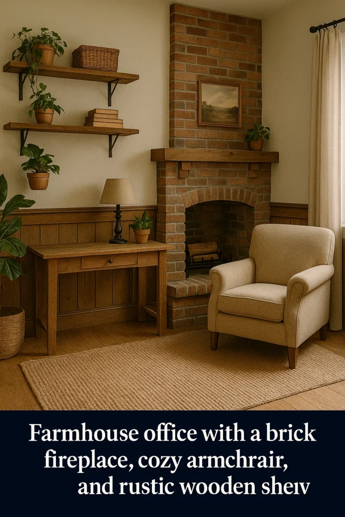 Farmhouse office with fireplace and cozy workspace vibe.