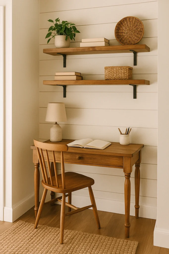 Small farmhouse office nook with rustic desk and space-saving shelves.