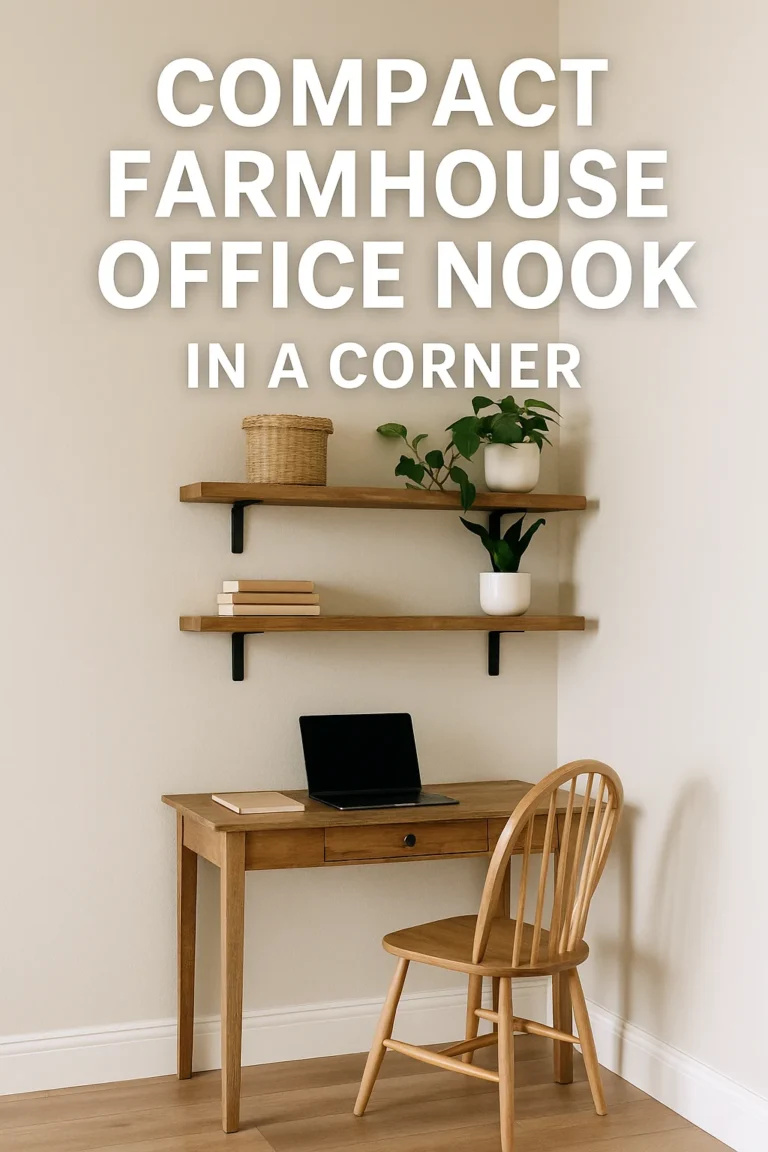 Small farmhouse office nook with rustic desk and space-saving shelves.