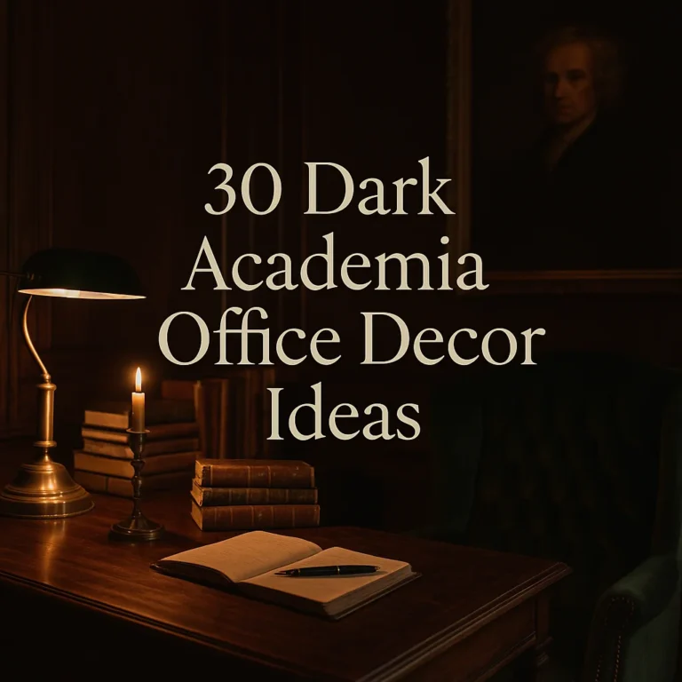 A moody Dark Academia-style study room featuring a vintage wooden desk with antique books, a leather journal, fountain pen, brass desk lamp, green velvet armchair, and candlelight, with the title “30 Dark Academia Office Decor Ideas” overlaid in serif font.