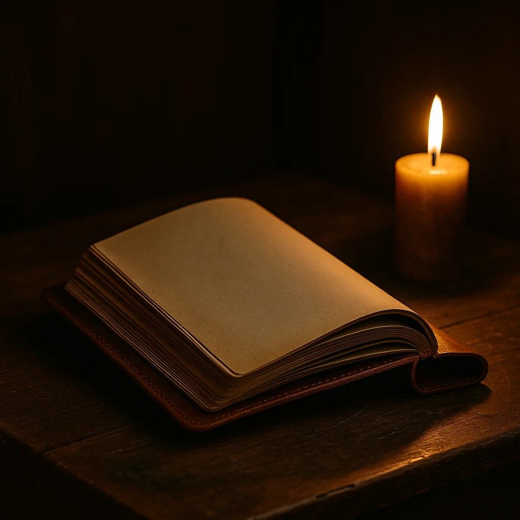 A leather-bound journal with cream-colored pages resting on a rustic wooden desk, softly illuminated by the glow of a candle in a moody, dark academia-style study.