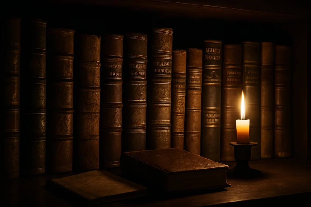 A candle-lit bookshelf filled with antique books featuring cracked spines and gold-lettered bindings, evoking a warm, scholarly atmosphere.