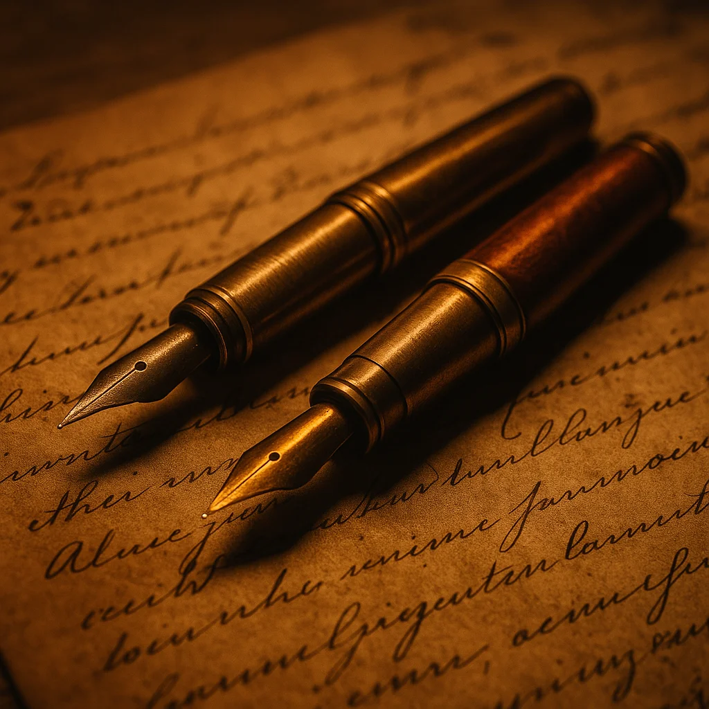 Close-up of brass and copper vintage fountain pens resting on aged parchment with handwritten cursive text, bathed in warm amber lighting.